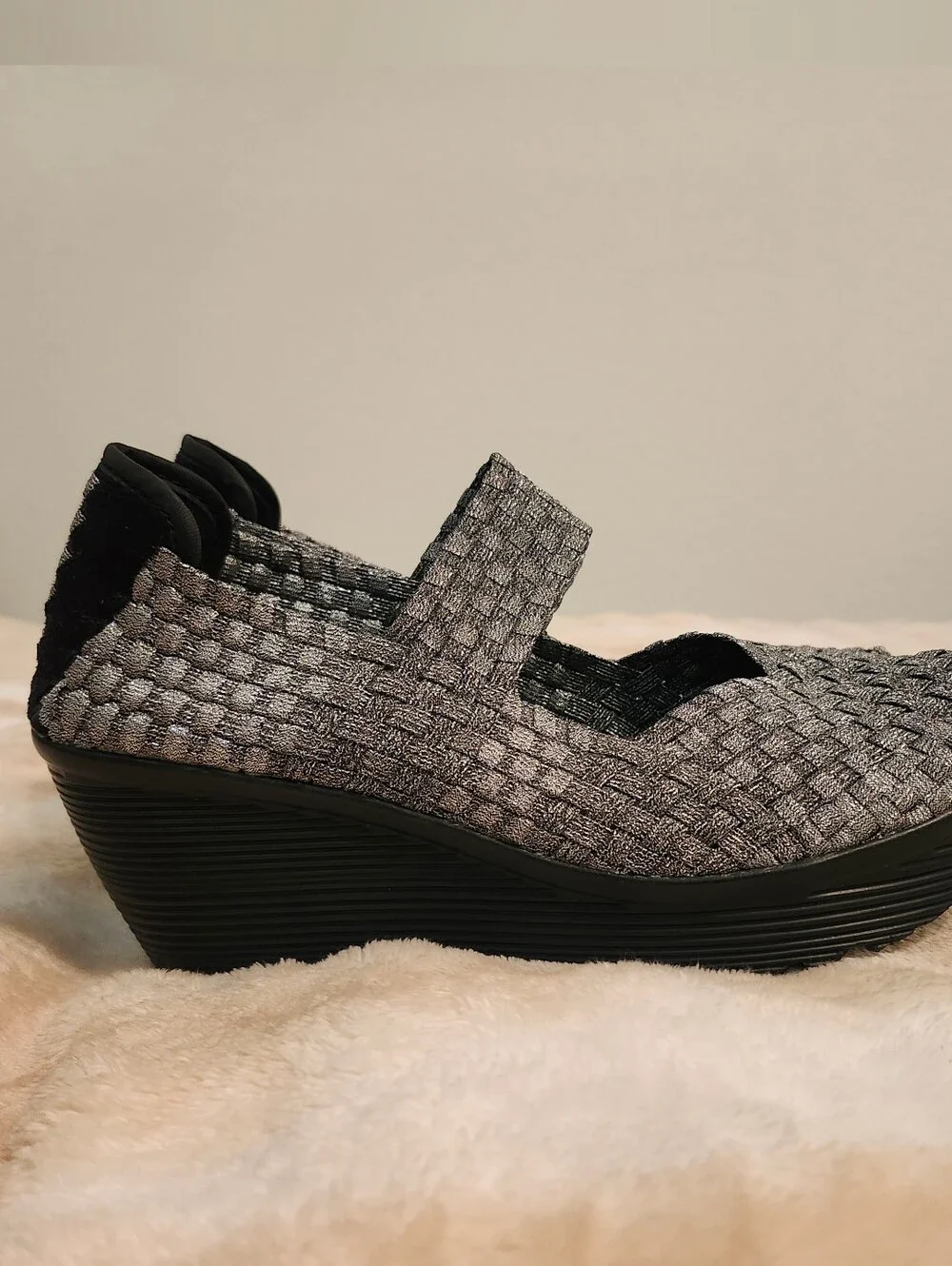 Woven Mary Jane Wedge Shoe in Gray Silver and Black